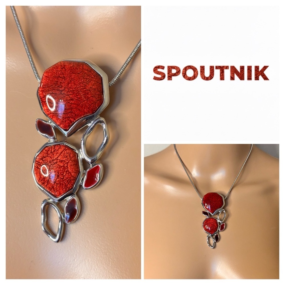 SPOUTNIK Statement Red & Silver Modernist Necklace - Picture 1 of 13